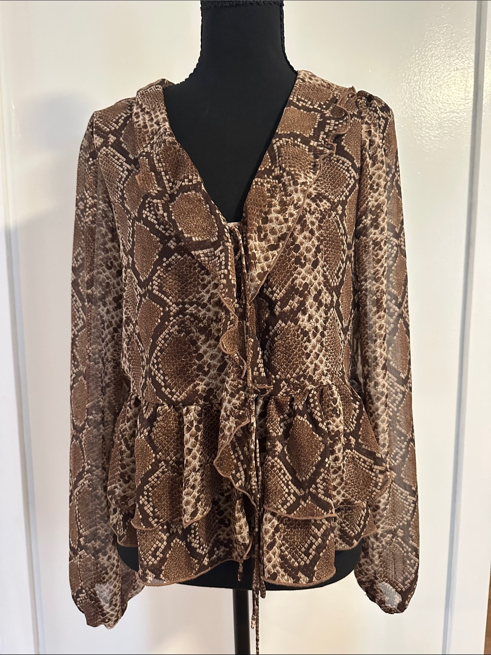 Brown Snake-Print Ruffle Tie-Front Blouse